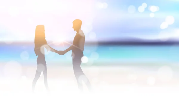 Silhueta casal segurando as mãos no belo mar praia bokeh fundo —  Vetores de Stock