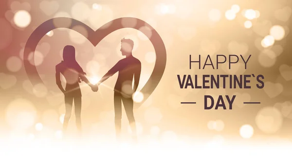 Glücklich Valentinstag Hintergrund mit Paar halten Hände über Bokeh golden verschwimmen glänzendes Licht — Stockvektor