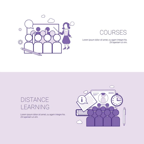 Ensemble de cours et de bannières d'enseignement à distance Modèle de concept d'entreprise Arrière-plan avec espace de copie — Image vectorielle