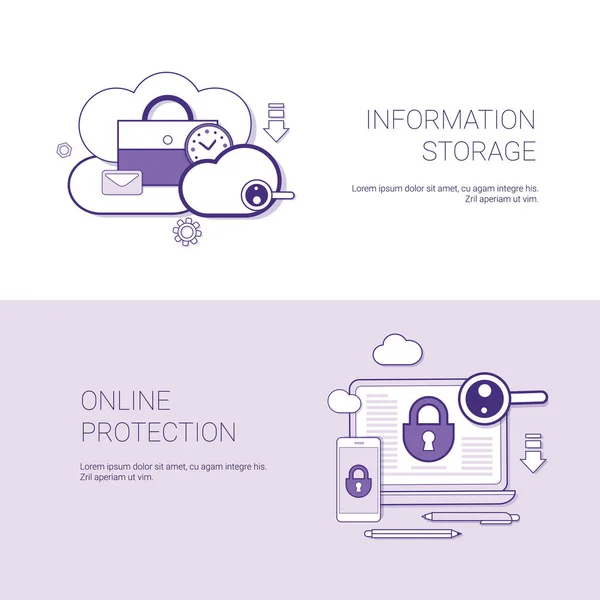 Satz von Informationsspeicherung und Online-Schutz Banner Geschäftskonzept Vorlage Hintergrund mit Kopierraum — Stockvektor