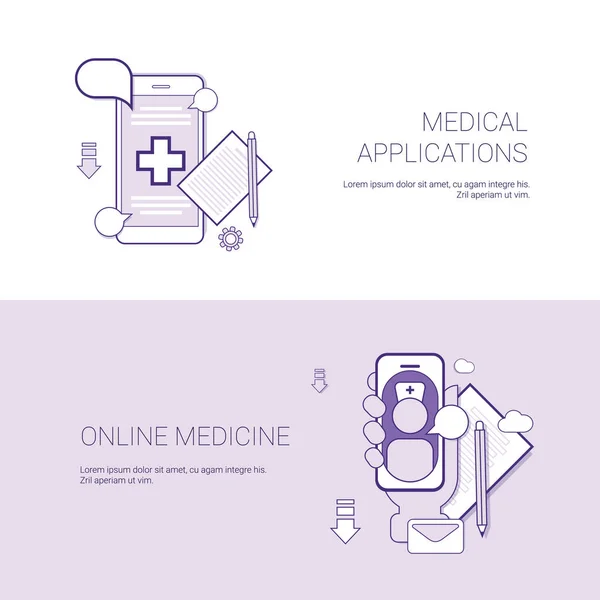 Σύνολο ιατρικές εφαρμογές και Online ιατρική πανό επιχειρηματική ιδέα πρότυπο φόντο με αντίγραφο χώρου — Διανυσματικό Αρχείο