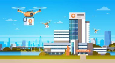 Drone kutuları sinek üzerinde Modern binalar arka plan, hava taşımacılığı teslim kavramı ile