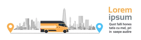 Kisteherautó, városi háttér helyen mutatók között. Termék áru szállítás, szállítás, gyors szolgáltatás teherautó — Stock Vector