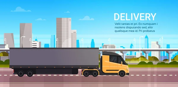 Camión remolque en carretera sobre la ciudad moderna entrega de fondo y concepto de transporte de logística rápida — Vector de stock