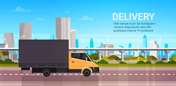 Entrega Van Over City Background. Transporte Transporte Conceito de caminhão de serviço —  Vetores de Stock