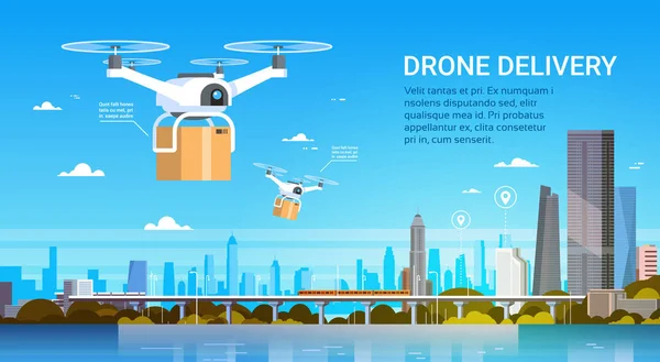 Drone met vakken Fly Over moderne stad achtergrond, Air Transport levering Concept — Stockvector
