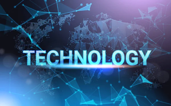 Tecnologia moderna Sign Over Futurista Baixo Poly Mesh Wireframe em fundo azul — Vetor de Stock