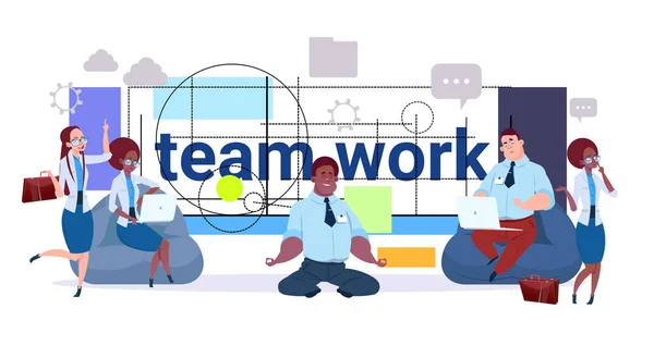 Teamwork-Konzept Business-Team, Gruppe kreativer Geschäftsleute, die zusammen über moderne geometrische abstrakte Hintergrund arbeiten — Stockvektor