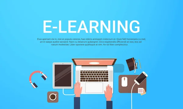 E-learning educação on-line banner com laptop estudantil computador local de trabalho vista de fundo com espaço de cópia — Vetor de Stock