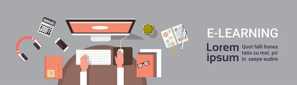 Banner de educación en línea de Elearning con la mano del estudiante que trabaja en el lugar de trabajo de la computadora — Vector de stock