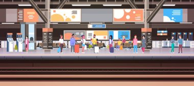 Tren istasyonu ile Bagaj Taşıma ve Ulaştırma kavramı yatay Banner tutan platformda bekleyenler
