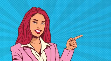 Pop Art nokta arka plan Retro tarzı üzerinde alan kopyalamak gülümseyen iş kadın noktası parmak