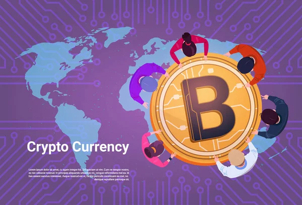 Gli uomini d'affari si siedono al Golden Bitcoin Sign Over World Map Sfondo Top Angolo Visualizza Crypto Concetto di valuta — Vettoriale Stock