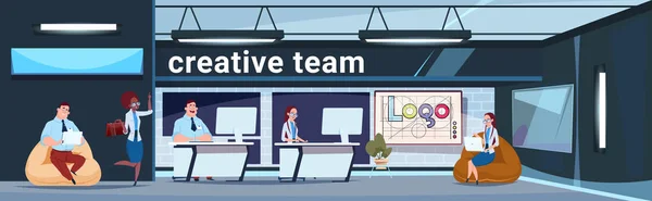 Kreatives Team im modernen Büro-Coworking-Space Geschäftsleute Brainstorming — Stockvektor