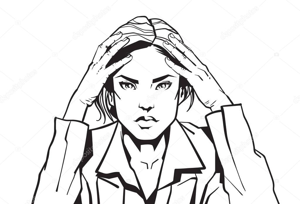 Portrait Of Angry Business Woman Holding Head With Headacke Sketch Businesswoman Tired Or Upset