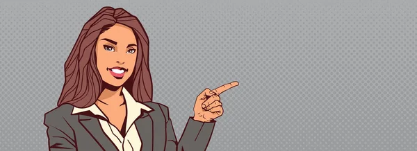 Geschäftsfrau zeigt mit dem Finger auf den Hintergrund mit Kopierraum horizontale Banner glücklich lächelnde Geschäftsfrau — Stockvektor