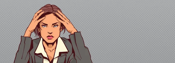Ritratto di donna d'affari triste che tiene testa imprenditrice stressato striscione orizzontale con spazio copia — Vettoriale Stock
