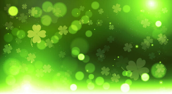 Аннотация Bokeh Blur Template Clovers Background, Green Happy Saint Patrick Day Concept
