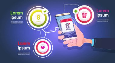 Infographic öğeleri için akıllı telefon mutlu kadın gün şablon arka plan tutan el ile 8 Mart