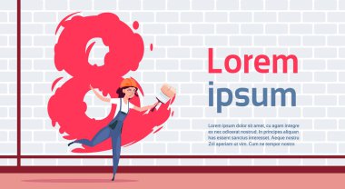 Kız ressam üzerinde 8 Mart'ta duvar mutlu kadın gün şablon arka plan yaratıcı tatil Poster