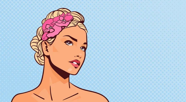 Aantrekkelijke Blonde vrouw portret van mooi meisje op Pinup Retro achtergrond met kopie ruimte opzoeken — Stockvector