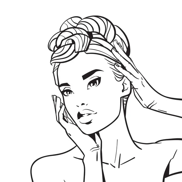 Belle visage de femme avec esquisse élégante de coiffure de portrait féminin sur fond blanc — Image vectorielle