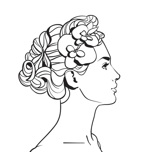 Profilo di Beautiful Woman With Elegant Hairstyle Sketch Viso femminile su sfondo bianco — Vettoriale Stock