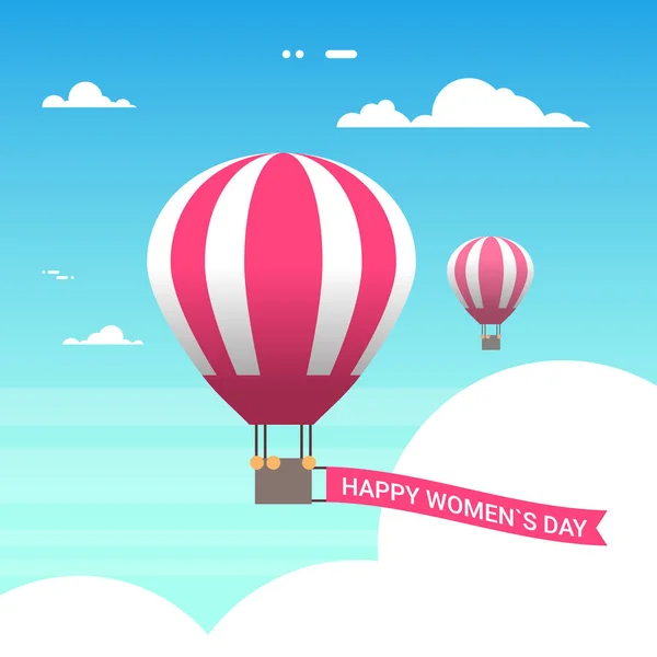 Globo de aire rosa en el cielo con la bandera del día feliz de las mujeres 8 Marzo Tarjeta de felicitación en estilo retro — Archivo Imágenes Vectoriales