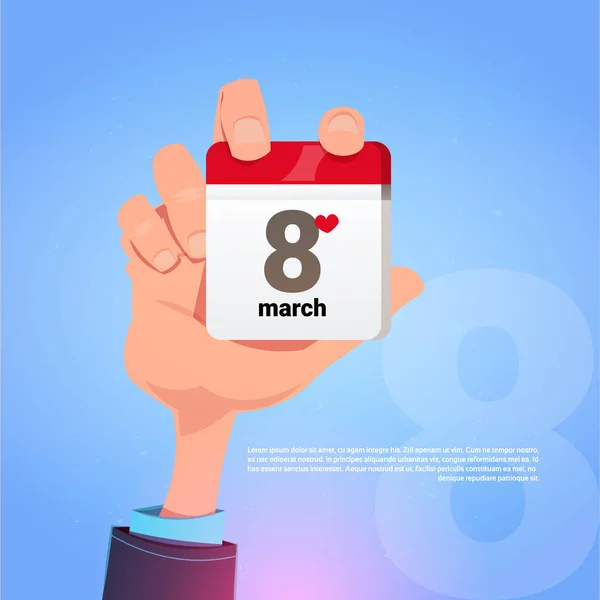 Pagina di calendario tenuta per mano maschile con 8 marzo Data Happy International Women's Day Holiday Concept — Vettoriale Stock