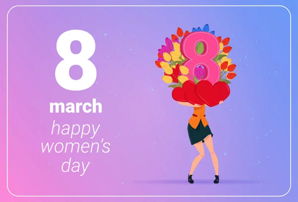 女孩捧着郁金香花和红心快乐女人日3月8日节日理念 — 图库矢量图片