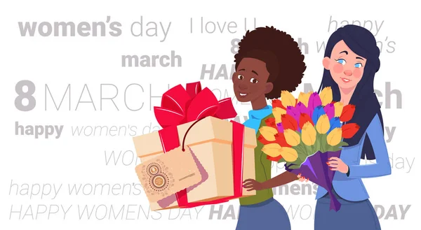 Cute Girls Holding Gift Box And Bouquet Of Flowers Over Happy Women Day Background Creative Greeting Card 8 March Holiday — Stock Vector