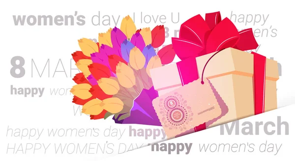 Happy Women Day prezintă fundal cu flori frumoase și cutie cadou Felicitări Design carte 8 Martie Concept de vacanță — Vector de stoc