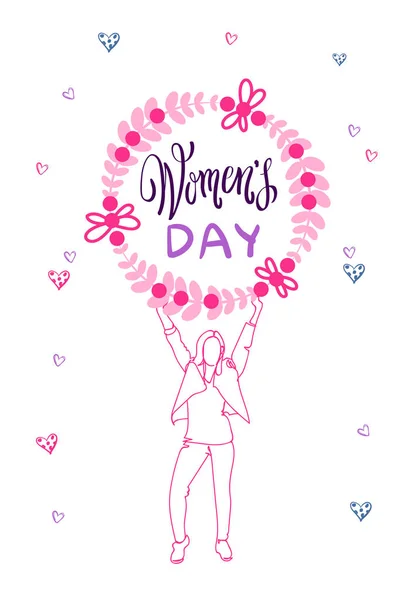 Happy Women Day Decoration Banner Card 8 March Holiday Background In Doodle — Stock Vector