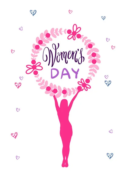 Festa delle donne Biglietto di auguri 8 marzo Banner con silhouette rosa ragazza su sfondo Doodle — Vettoriale Stock