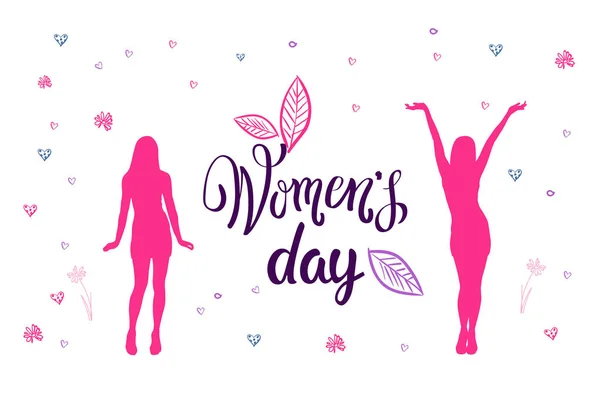 Ziua femeii Felicitări 8 Martie Banner cu Silhouette Girls fericit pe fundal Doodle — Vector de stoc