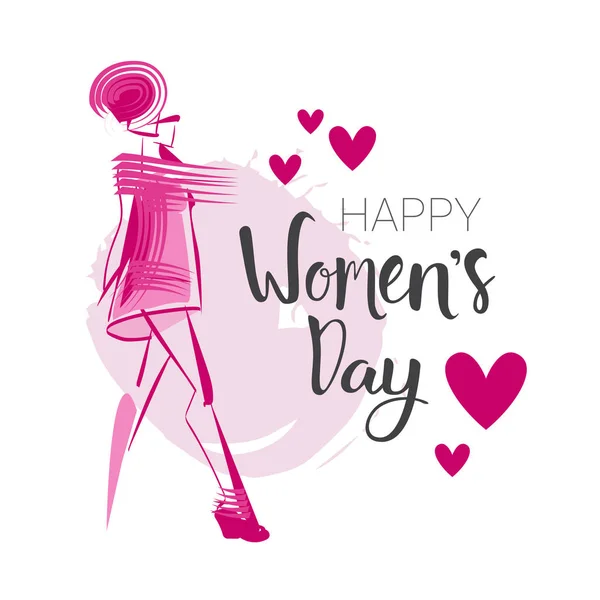 Glada kvinnor dag bakgrund 8 mars-kort med handritad skiss bokstäver kalligrafi — Stock vektor