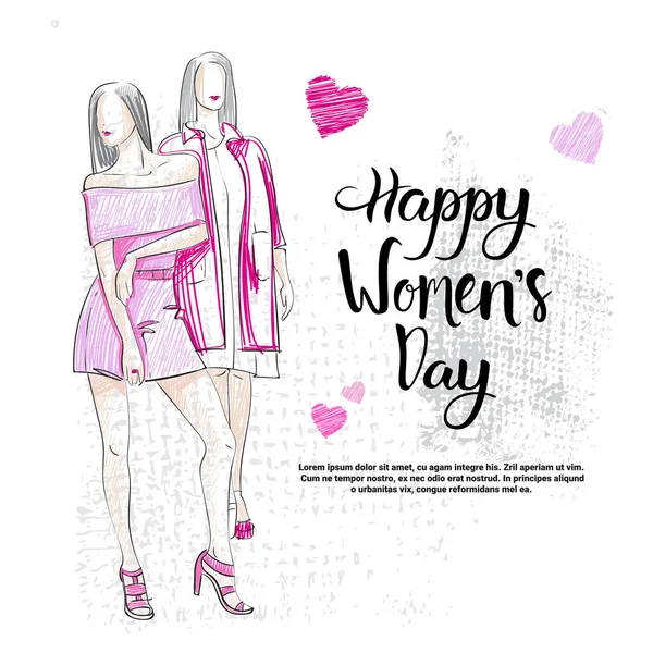 Feliz Dia das Mulheres saudação Cartão de fundo do cartaz com letras desenhadas à mão e esboços —  Vetores de Stock