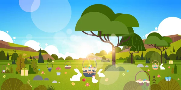 Beau fond de vacances de Pâques avec jardin vert et lapin oeufs de lapin dans l'herbe — Image vectorielle