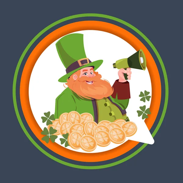 Happy St. Patricks Day Emblem Label with Leprechaun Holding Megaphone — стоковый вектор