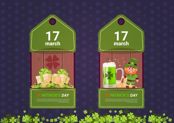 Ημέρα του Αγίου Πατρικίου ετικέτες πρότυπο σετ πράσινα φυλλάδια για την πώληση ή την εμπορική προώθηση εκπτώσεις — Διανυσματικό Αρχείο