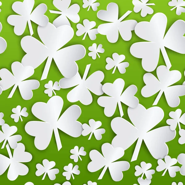 Jour de St. Patricks fond de modèle sans couture avec feuilles de Shamrock blanc sur vert — Image vectorielle
