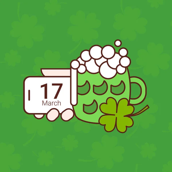 Карточка дня Святого Патрика с зеленой кружкой пива на фоне Шемрок — стоковый вектор