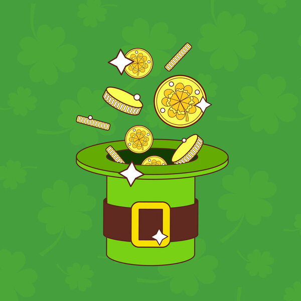 Saint Patricks Day Card With Green Leprechaun Hat Full of Golden Coins On Shamrock Background