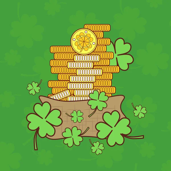 Карточка дня Святого Патрика с сокровищами золотых монет лепреконов, на зеленом фоне трилистника — стоковый вектор