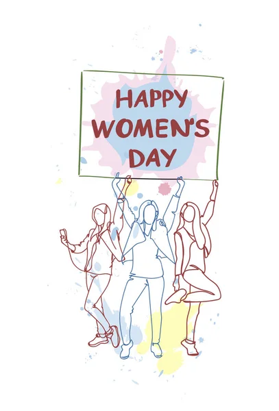 幸せな女性の日の概念シルエットの女の子グループの落書きとバナーを 3 月 8 日 — ストックベクタ