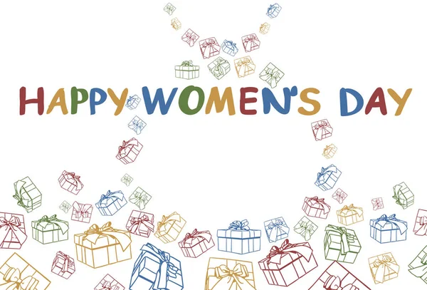 Happy Womens Day 8 Martie Salut de vacanță Banner Doodle Cutii de cadouri colorate — Vector de stoc