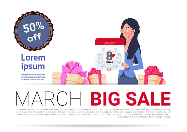 Velký výprodej na 8 března Banner šablona mezinárodní ženy den slevy a propagace koncepce — Stockový vektor