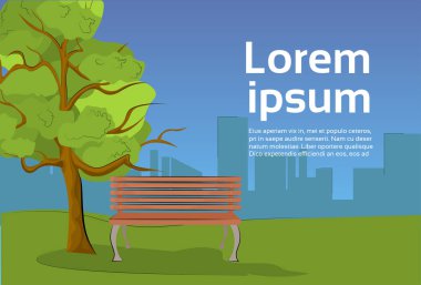 Public Park In Evening With Wooden Bench Under Tree And Silhouette City View clipart