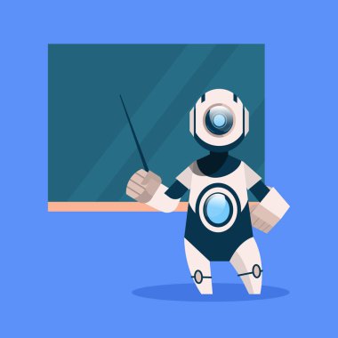 Robot öğretmen mavi arka plan kavramı Modern yapay zeka teknolojisi
