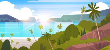 Tropikal peyzaj yaz Seaside Beach palmiye ağacı ve dağ